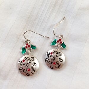 Vintage Silver HOLLY JOLLY Christmas Earrings